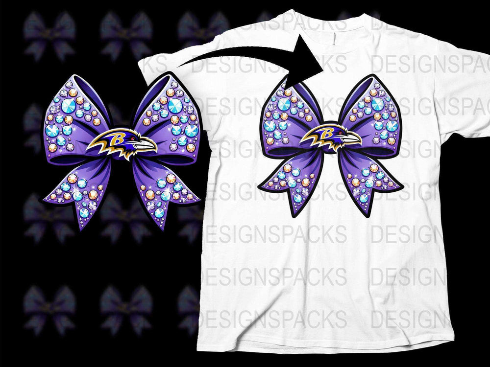 Baltimore Ravens Inspired Rhinestone Bow T-Shirt, Sparkling Purple and Black Design, Fan Apparel