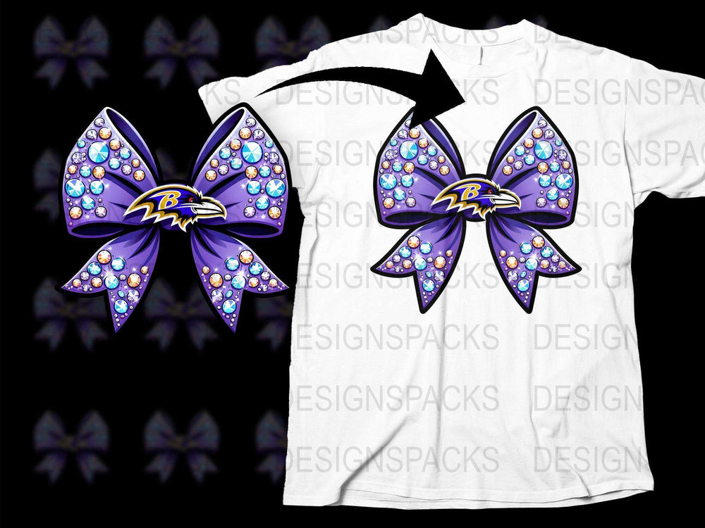 Baltimore Ravens Inspired Rhinestone Bow T-Shirt, Sparkling Purple and Black Design, Fan Apparel