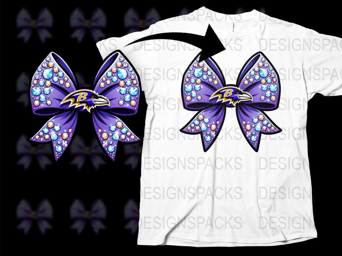 Baltimore Ravens Inspired Rhinestone Bow T-Shirt, Sparkling Purple and Black Design, Fan Apparel