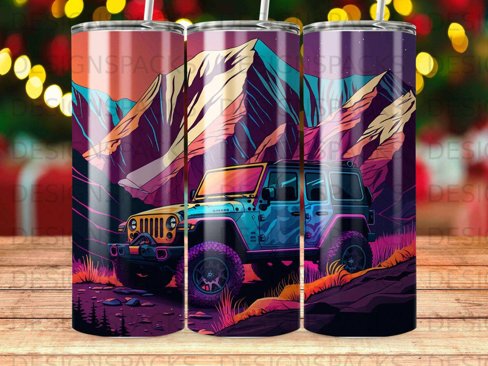 Jeep Wrangler on a rocky mountain trail with colorful sunset sky.