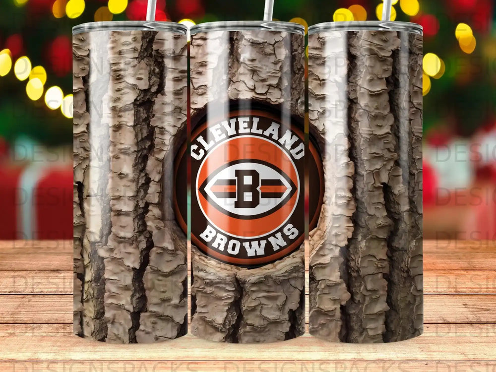 Cleveland Browns logo on a tree bark textured tumbler with blurred background lights.