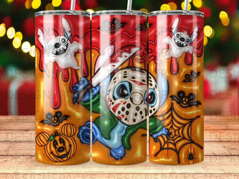 Three tumblers with Stitch as Jason Voorhees, Halloween pumpkin, and spiderweb designs.