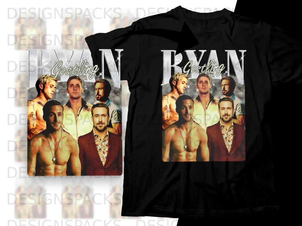 Ryan Gosling collage on black t-shirt with graphic collage background.