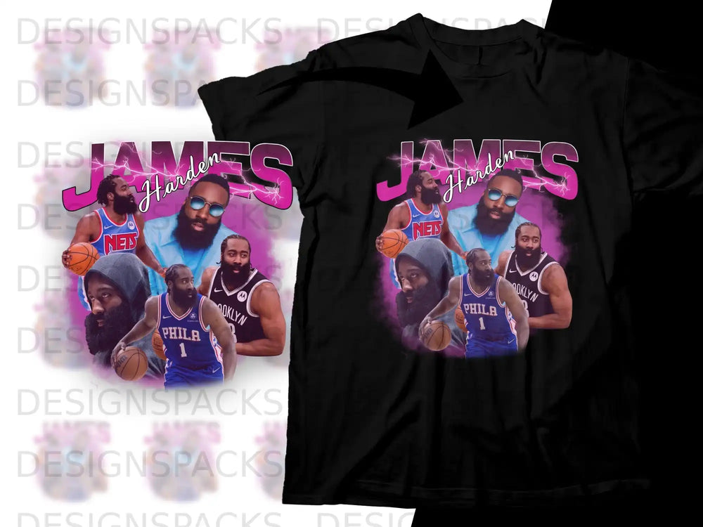 James Harden t-shirt featuring multiple images of the player and his team logos.