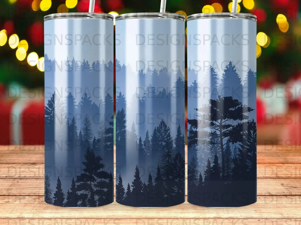 Blue forest silhouette with trees and mountains on a gradient background.