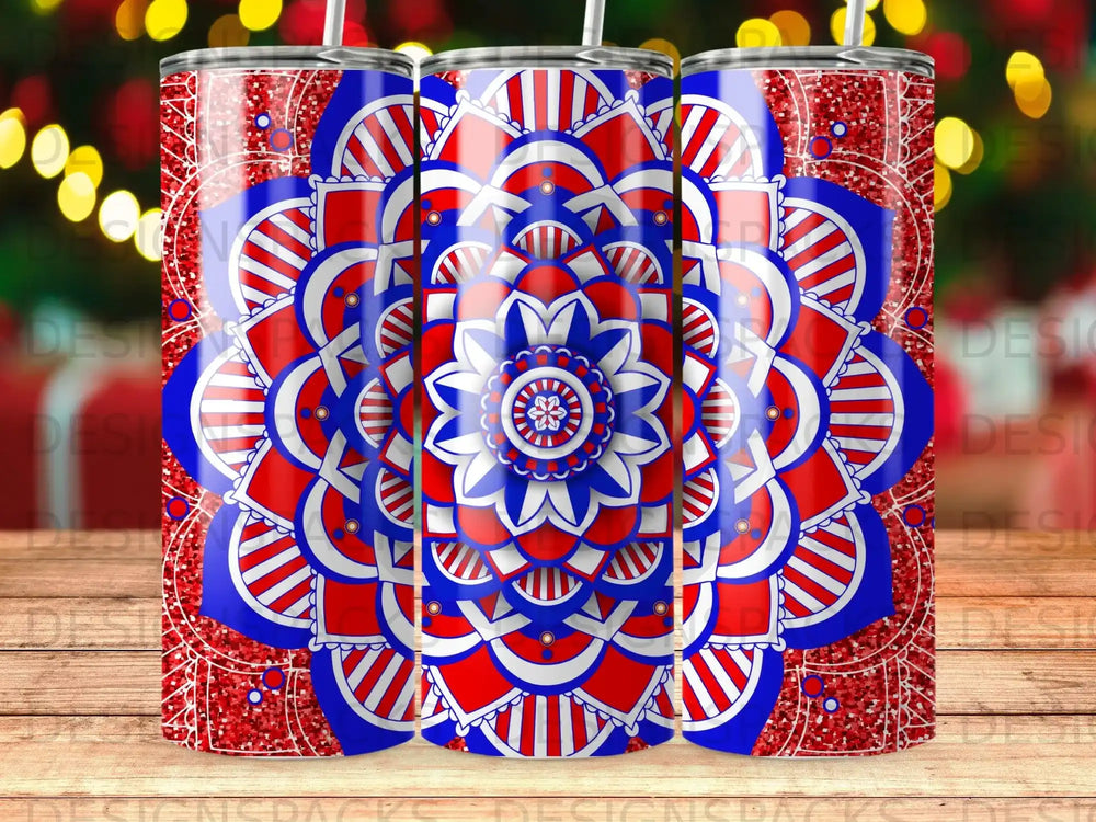 Red, white, and blue mandala tumbler with glitter accents.