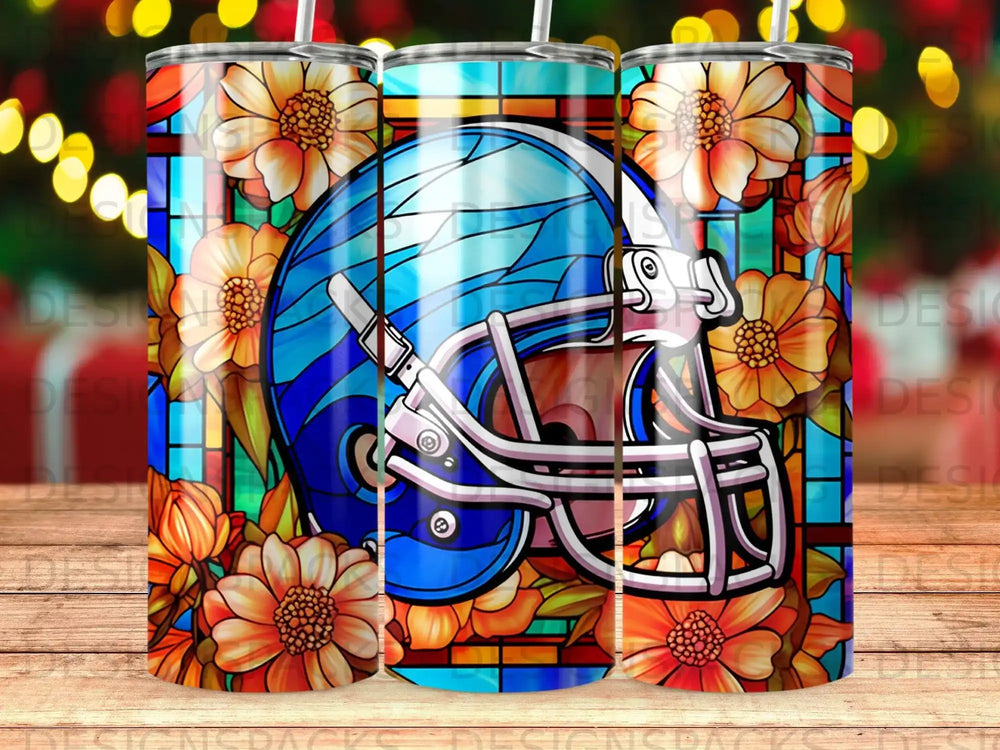 Blue football helmet with stained glass flowers and lights.
