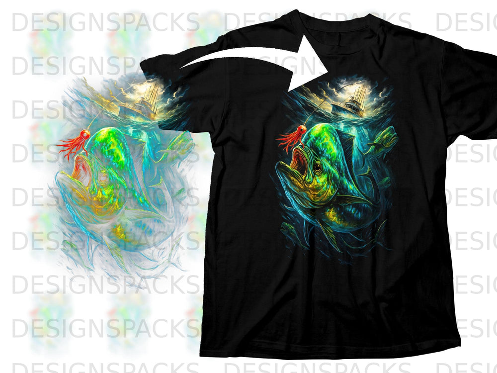 Black t-shirt with a vibrant graphic of a large fish and a fishing boat.