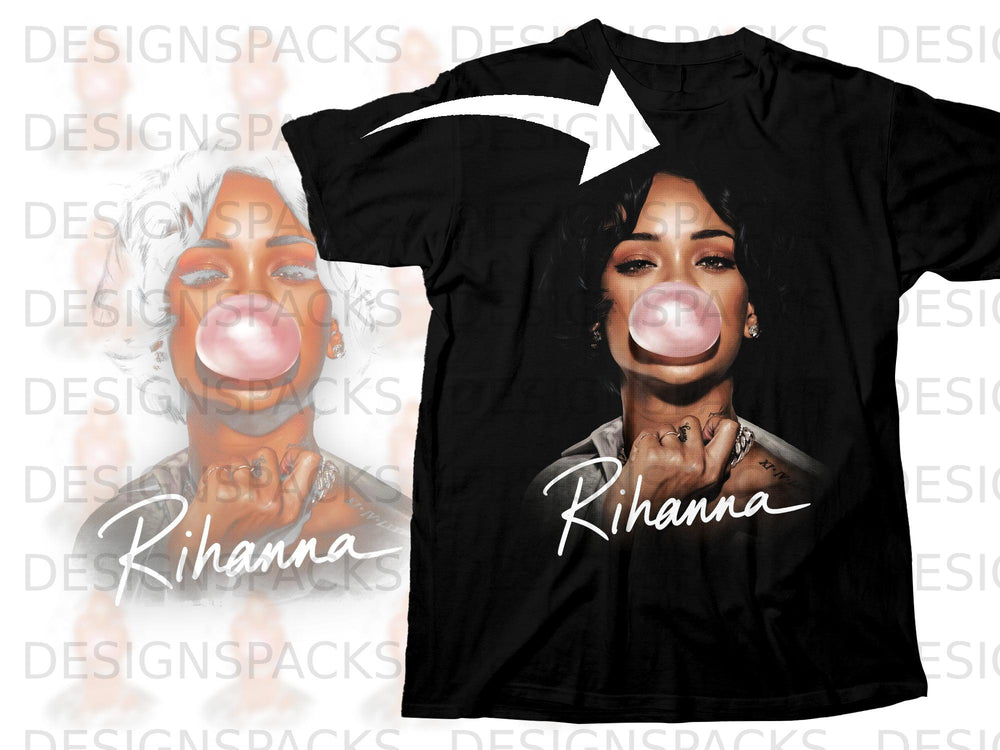 Black t-shirt with Rihanna blowing pink bubblegum, text "Rihanna".