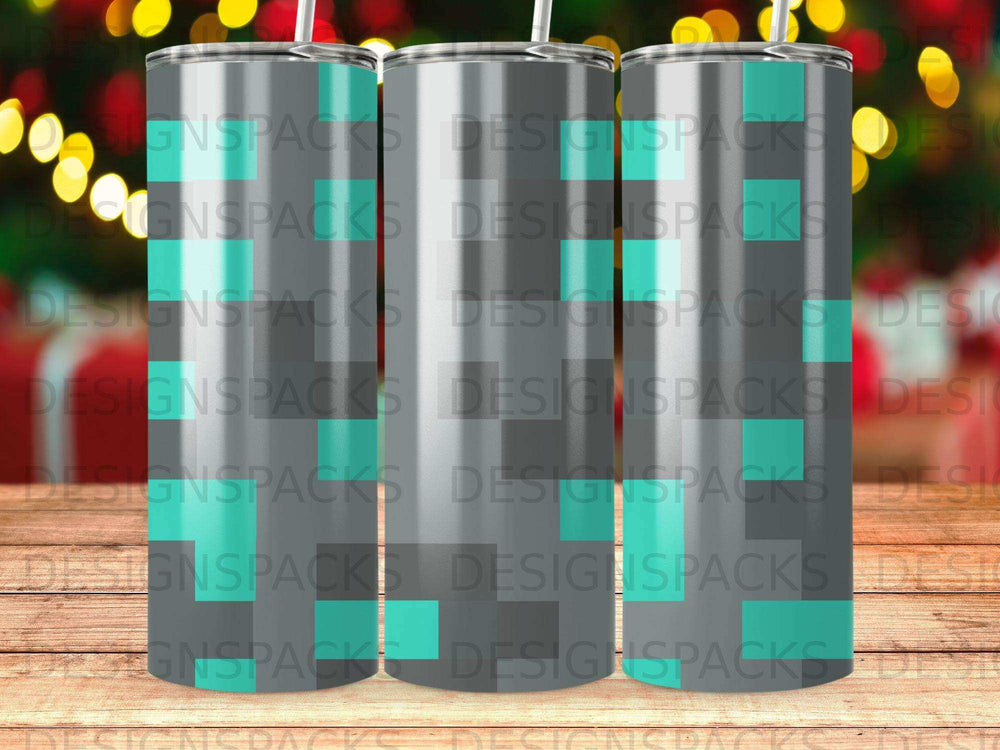 Three tumblers with a pixelated teal and gray design.