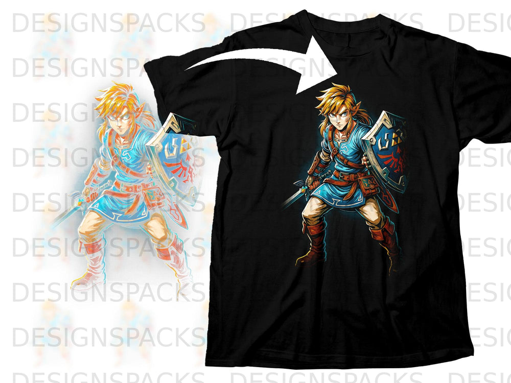 Link from Zelda holding a shield and sword on a black t-shirt.