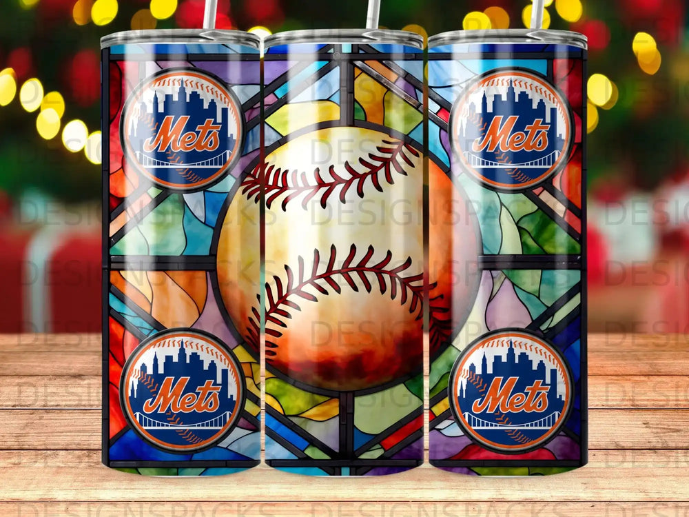 New York Mets baseball team logo on a stained glass tumbler.