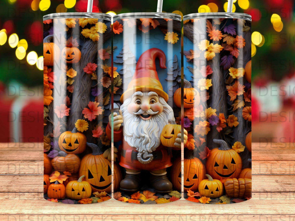 Gnome holding pumpkin with autumn leaves and jack-o'-lanterns surrounding.