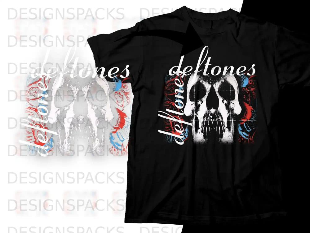 Black t-shirt with white Deftones skull graphic and red and blue floral accents.