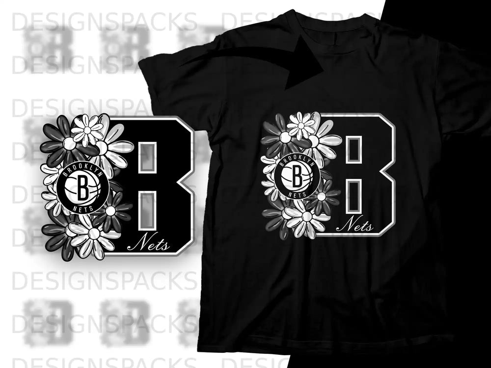 Black t-shirt with white floral 'B' logo and "Brooklyn Nets" text.