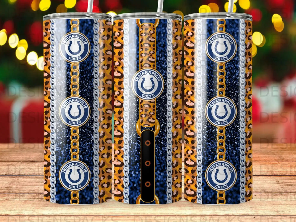Indianapolis Colts tumbler with gold chains and leopard print pattern.