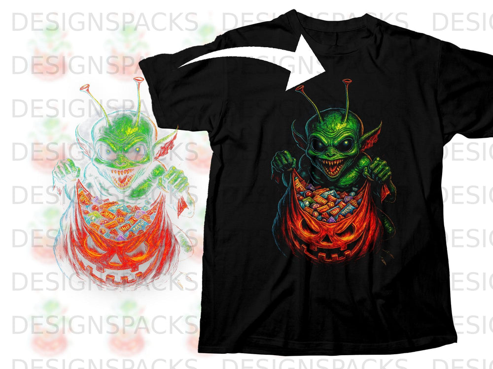 Green alien holding bag full of candy over jack-o'-lantern.
