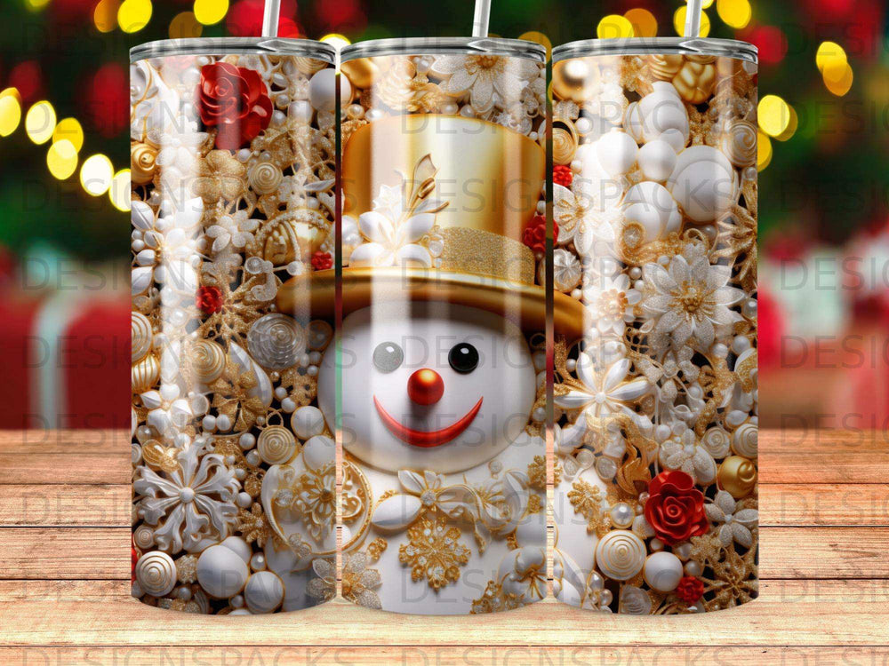Festive snowman with golden hat, surrounded by ornate white and gold snowflakes and red roses.