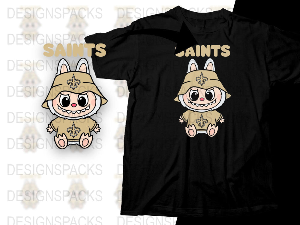 Cute Cartoon Saints Mascot Black T-Shirt, Fun Graphic Tee, Casual Streetwear, Unisex Fashion Shirt, Great Gift Idea