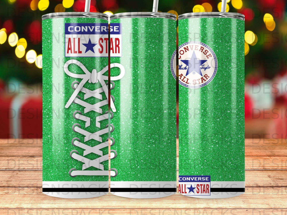Green glitter tumbler with Converse All Star logo and white laces.