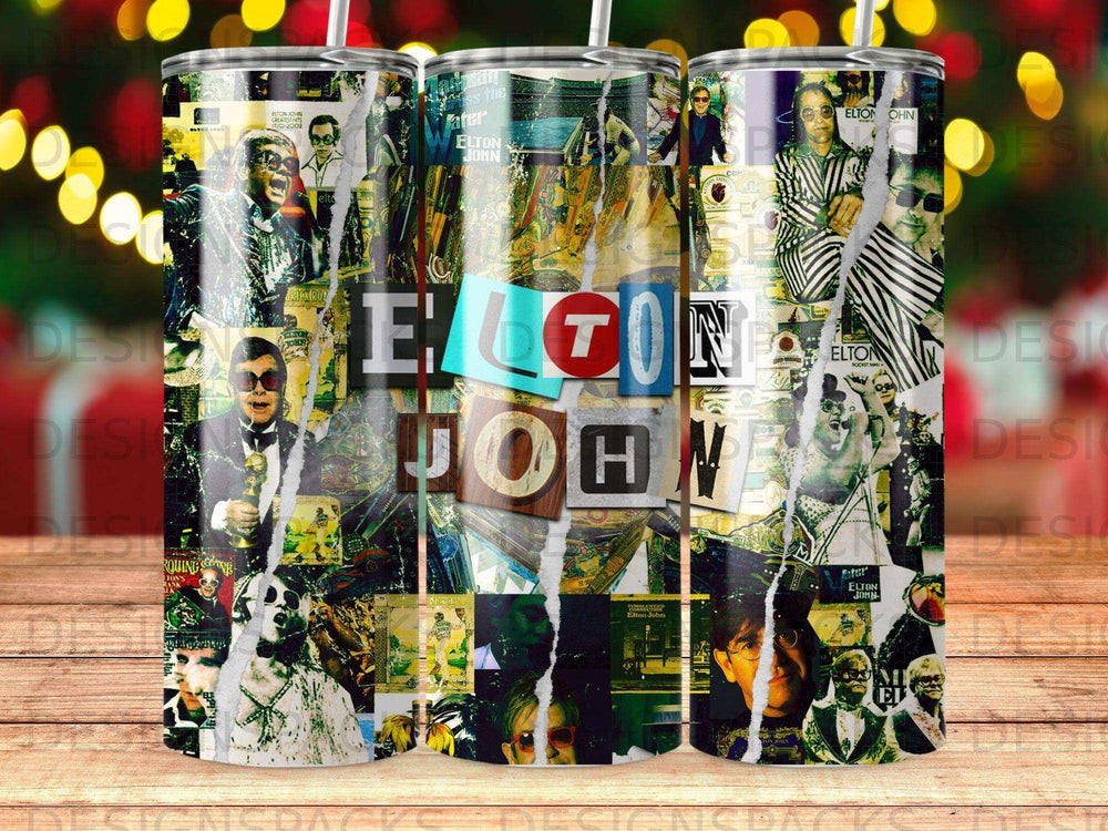 Collage of Elton John album art and photos on a tumbler.