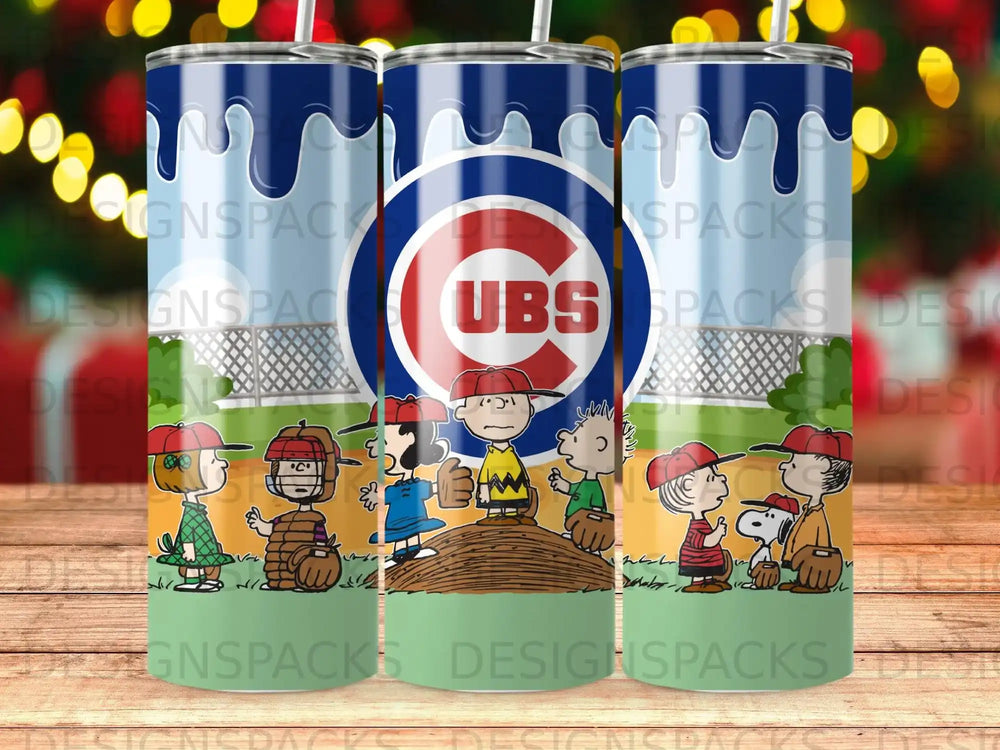 Chicago Cubs logo with Peanuts characters on a blue, striped tumbler.