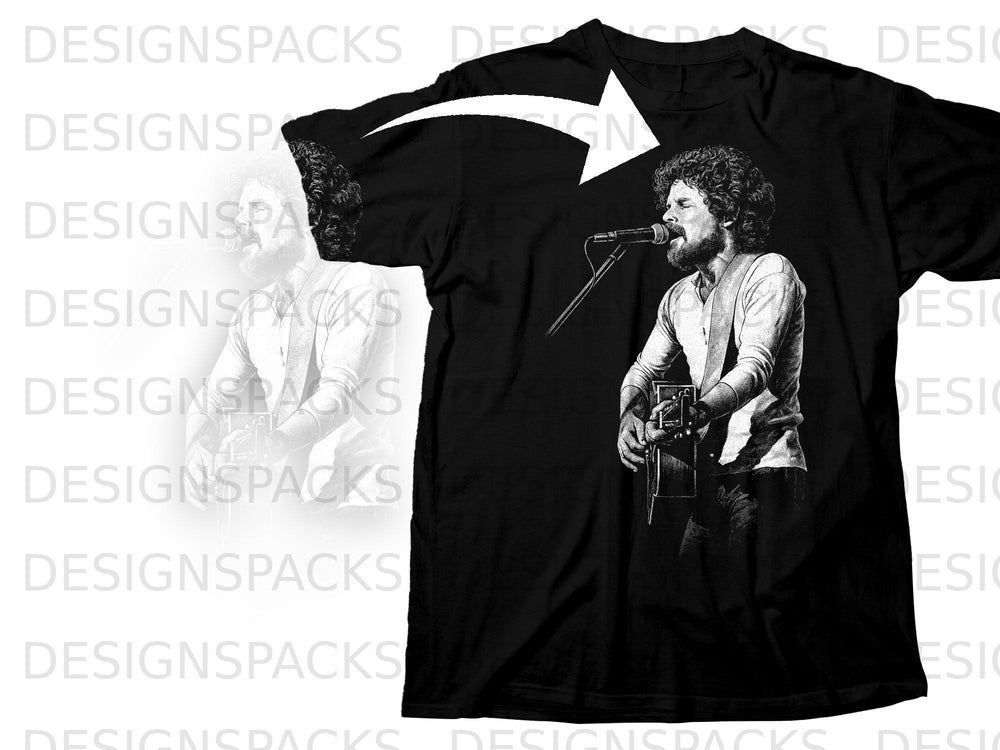 Black t-shirt with a black and white sketch of a man singing into a microphone.