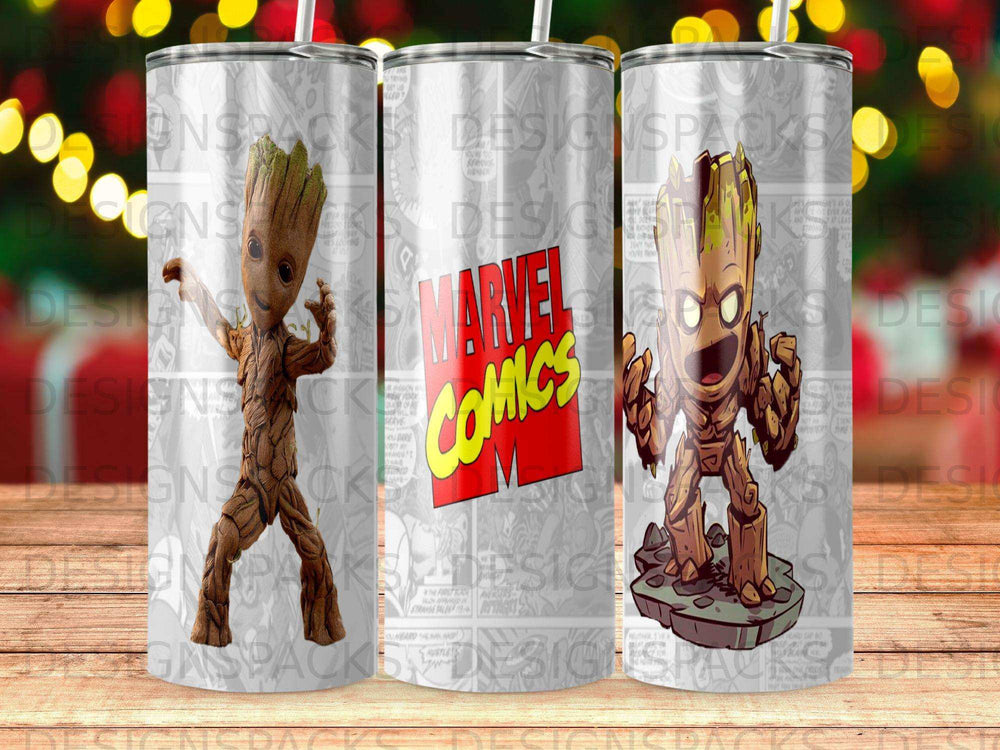 Groot character from Marvel Comics on a tumbler with comic book panel background.