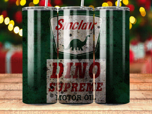 Sinclair DINO SUPREME MOTOR OIL tumbler with dinosaur logo.