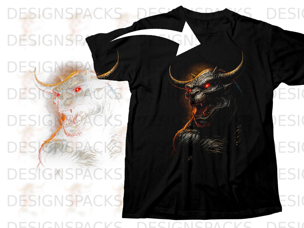 Black t-shirt with a demonic bull illustration with red glowing eyes.