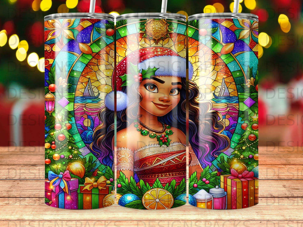 Woman in Santa hat and festive attire with stained glass, gifts, and Christmas trees.