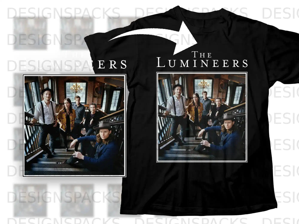 The Lumineers band posed on stairs in black t-shirt design.