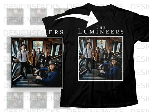 The Lumineers band posed on stairs in black t-shirt design.