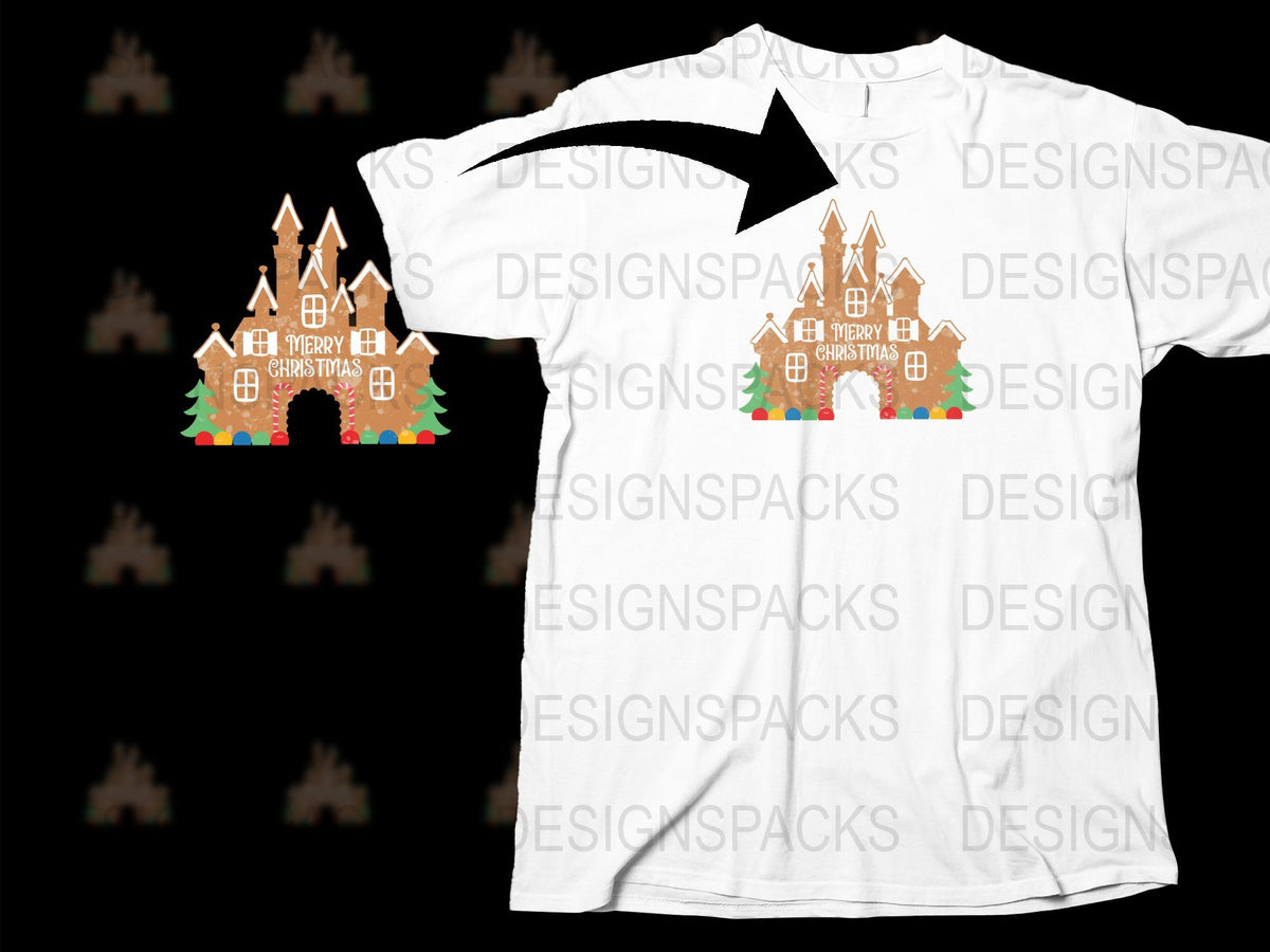 Festive Christmas T-Shirt with Cute Gingerbread Houses Design, Holiday Apparel for Family Celebrations