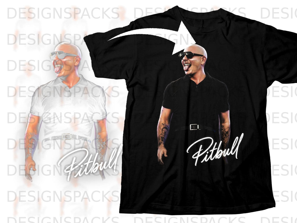 Black t-shirt with Pitbull graphic and white text.