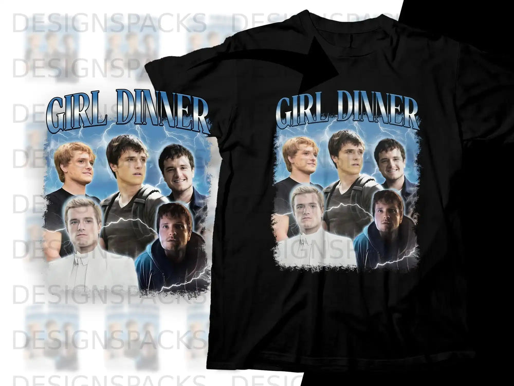 T-shirt featuring multiple images of young men with "Girl Dinner" text.