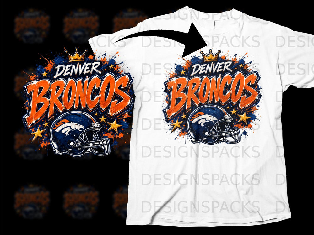 Denver Broncos helmet and text with crown and stars.