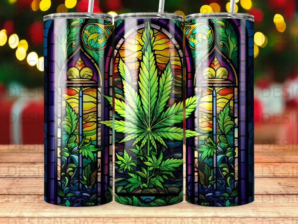 Stained glass design featuring a cannabis leaf and floral accents.