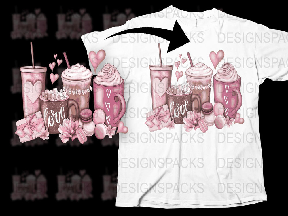 Cute Love Pink Coffee Drinks Graphic T-Shirt, Valentine's Day Casual Fashion Tee, Gift for Her
