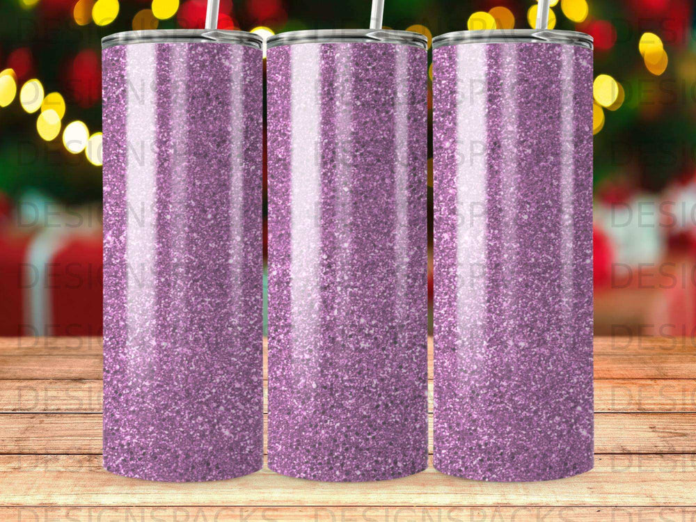 Glittery purple tumbler with straw, product shot.