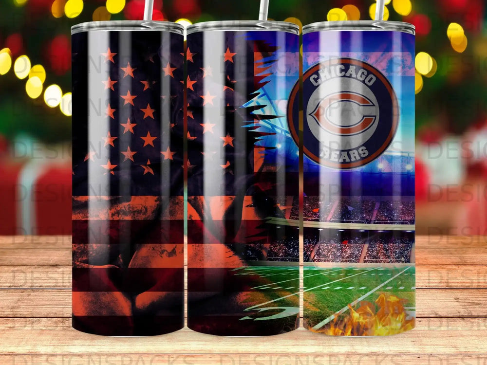 Chicago Bears stadium and American flag design on a tumbler.