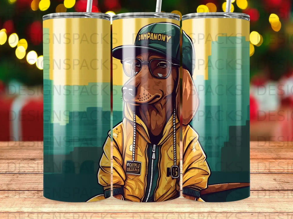 Dachshund wearing a jacket and sunglasses, with "OAMPANONY" and "OCATIC" text.