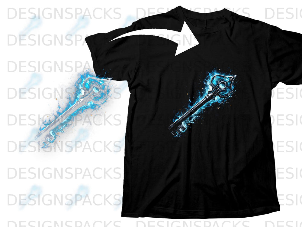 Black t-shirt with a glowing blue key graphic on the chest.