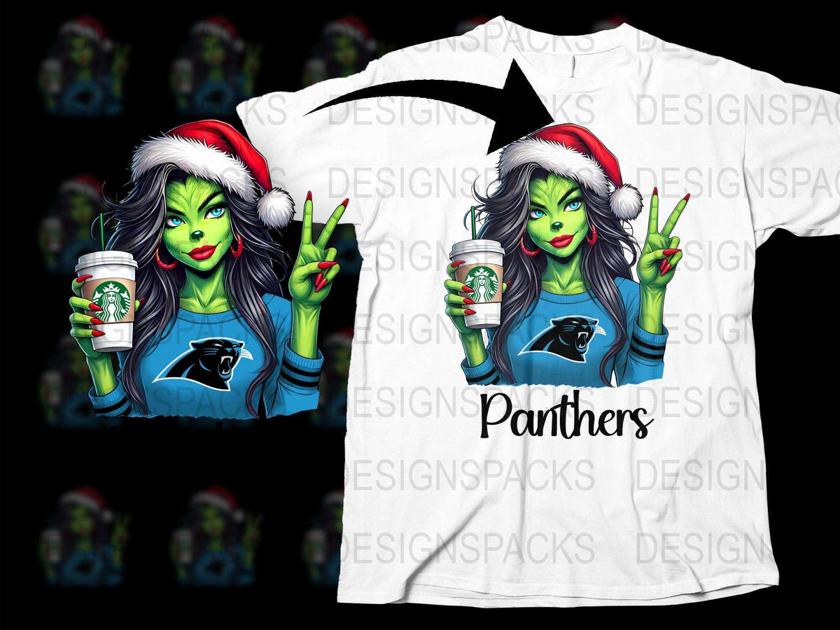 Festive Monster Girl Graphic T-Shirt, Holiday Coffee Lover Tee, Colorful Panthers Design, Unique Christmas Gift Idea