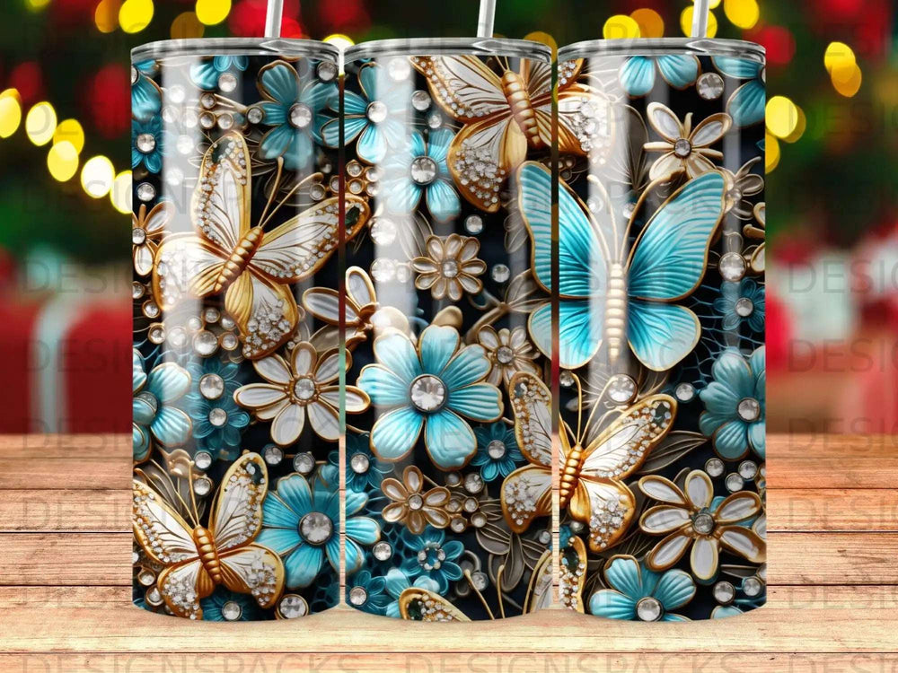 Turquoise butterflies and flowers with gold accents on a dark background.