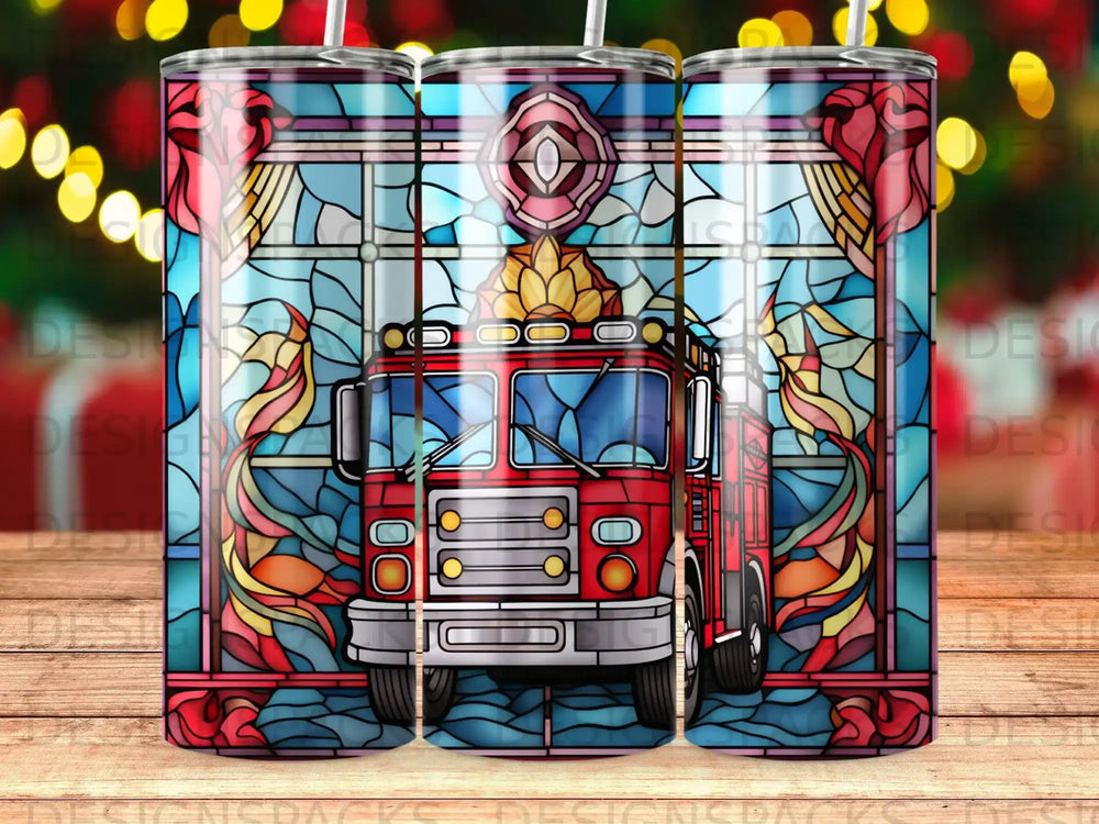 Stained glass art on tumbler featuring a red fire truck with flames.