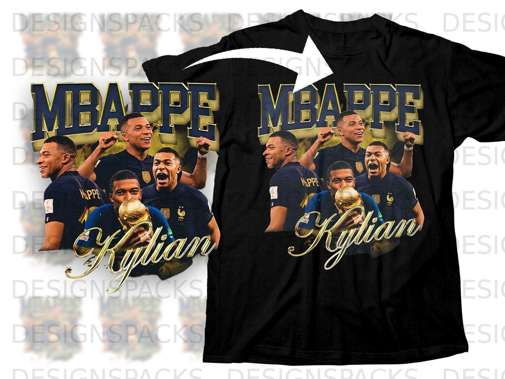 Kylian Mbappé on black t-shirt with gold "Kylian" text and graphic.