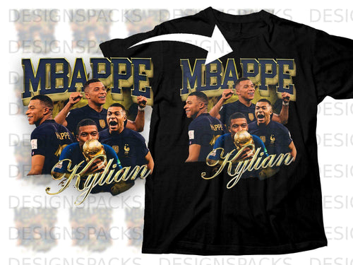 Kylian Mbappé on black t-shirt with gold 
