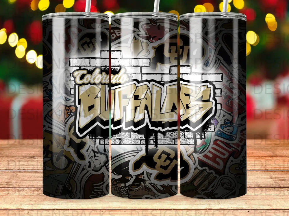 Colorado Buffaloes graffiti tumbler with team logo and stickers.