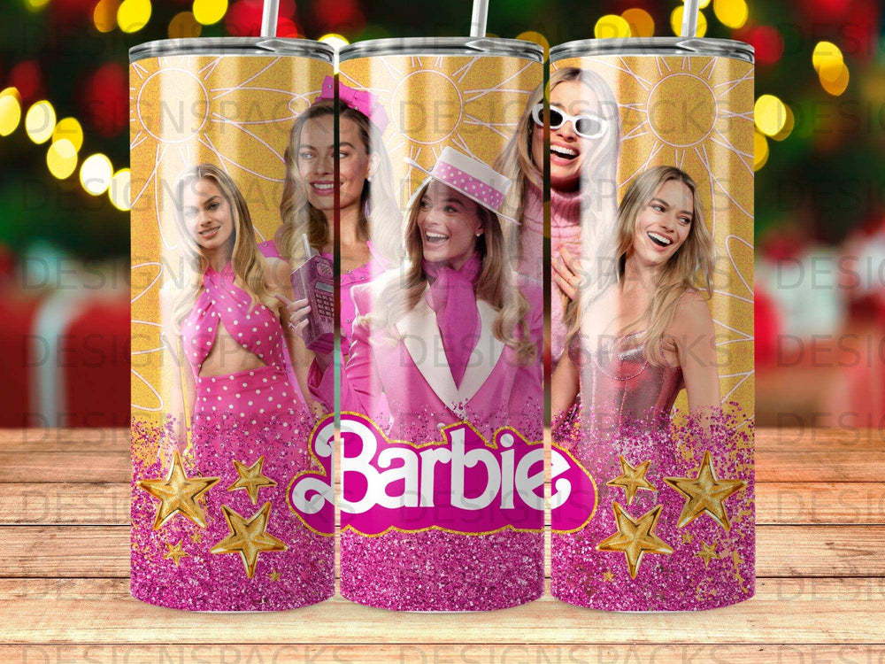 Barbie logo with pink glitter stars and four women in pink outfits.